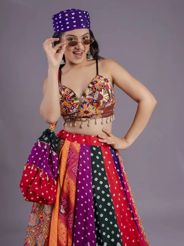 Multicolored festive lehenga choli with mirror shine