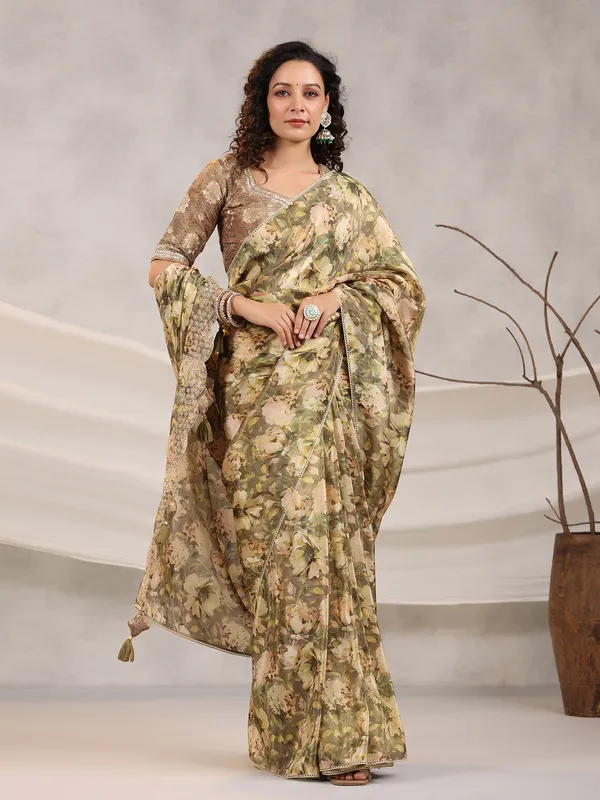 Muslin silk floral printed olive saree