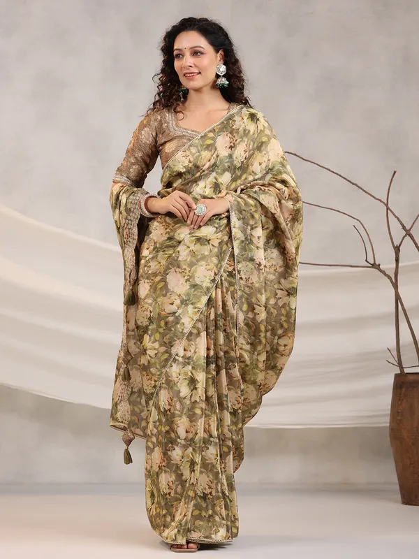 Muslin silk floral printed olive saree