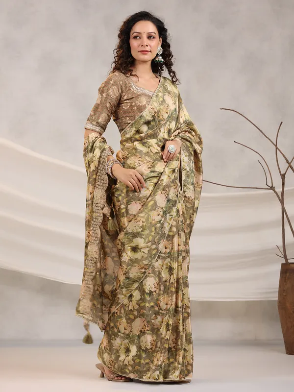 Muslin silk floral printed olive saree