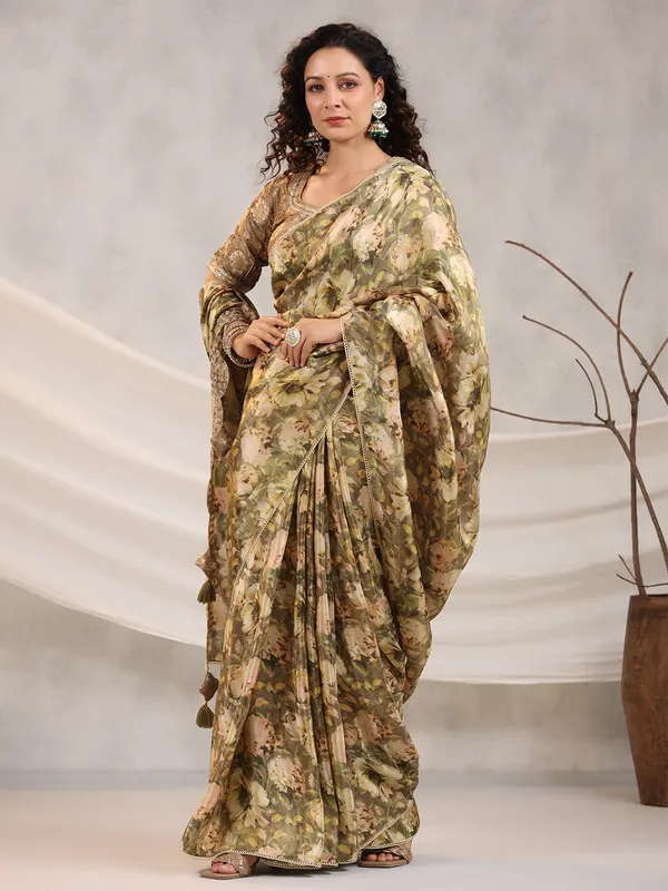 Muslin silk floral printed olive saree