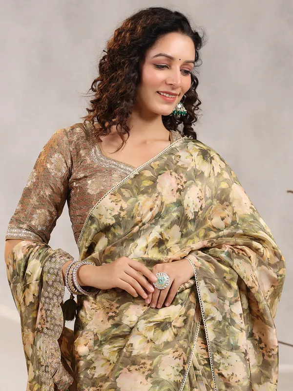 Muslin silk floral printed olive saree