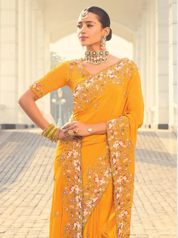 Mustard crape saree for wedding and festivities