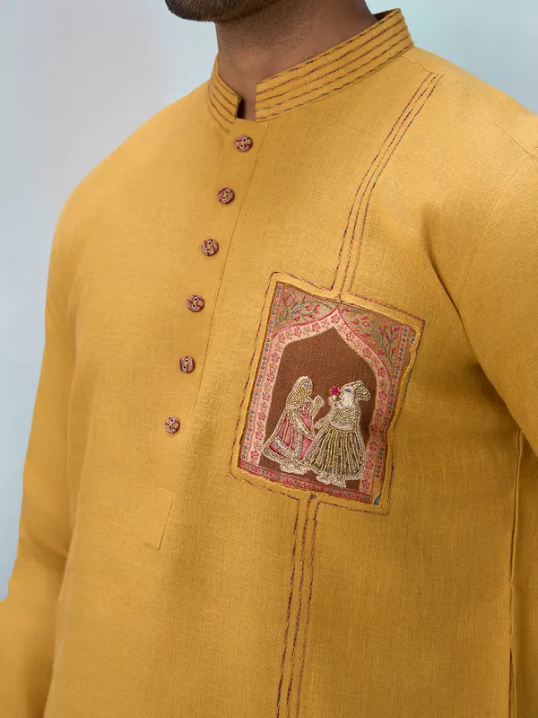 Mustard designer linen kurta pajama ensemble