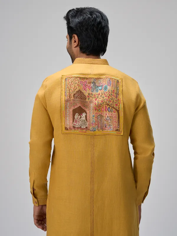 Mustard designer linen kurta pajama ensemble