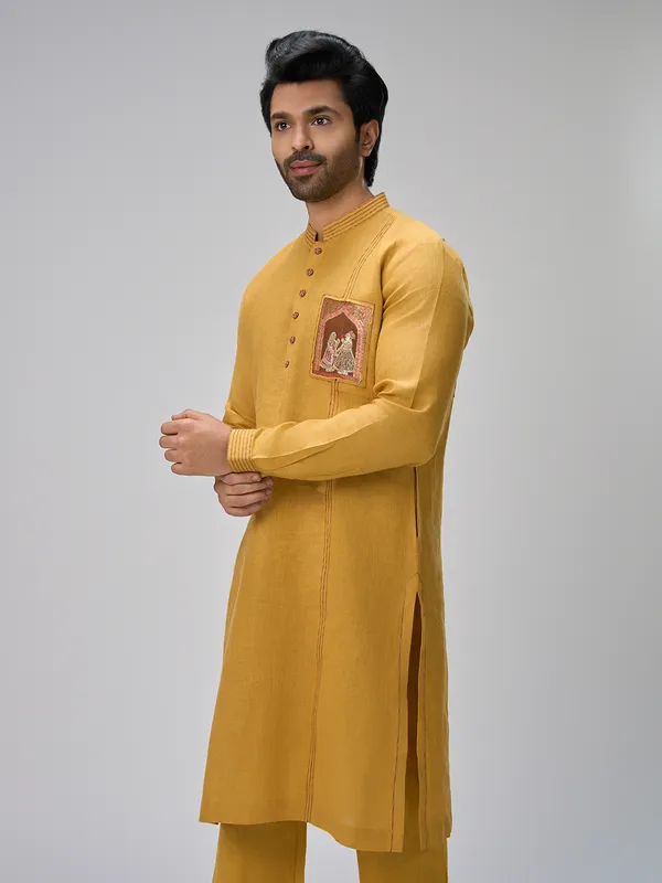 Mustard designer linen kurta pajama ensemble