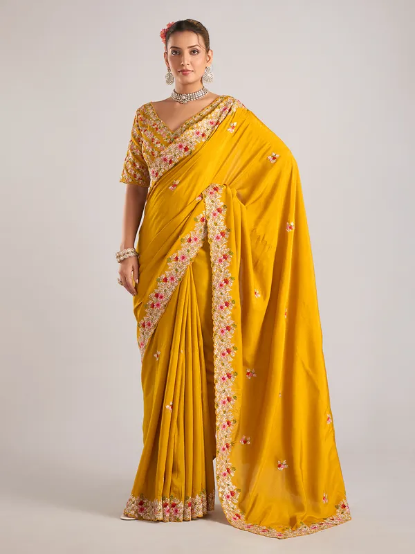 Mustard pure dola silk saree with embroidery work