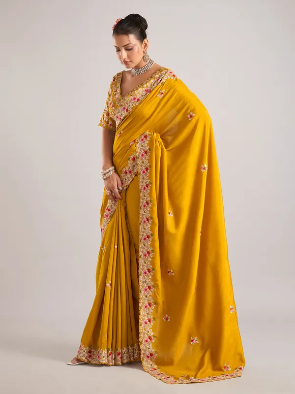 Mustard pure dola silk saree with embroidery work