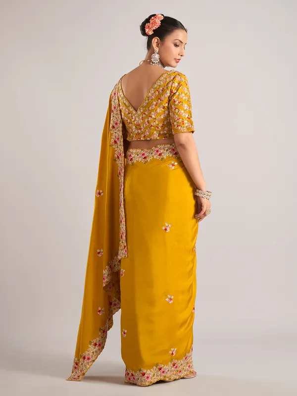 Mustard pure dola silk saree with embroidery work