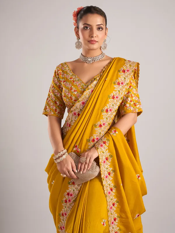 Mustard pure dola silk saree with embroidery work