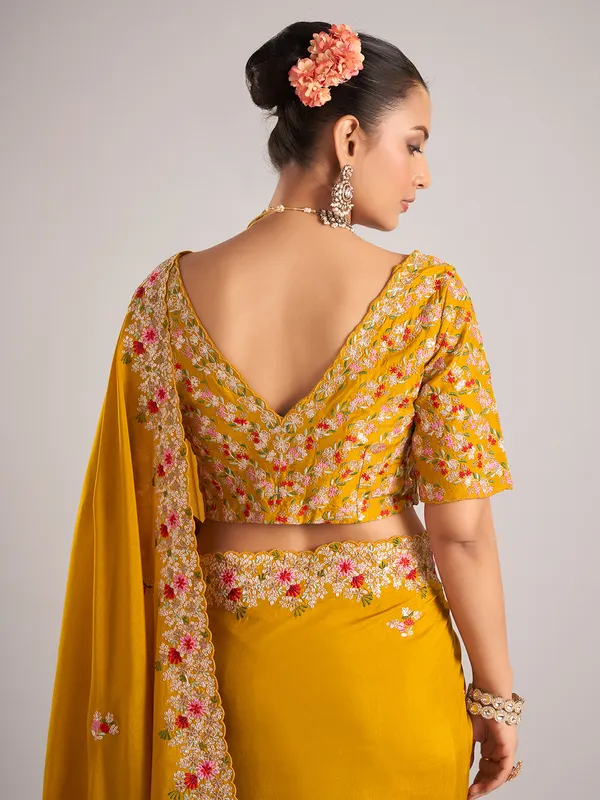 Mustard pure dola silk saree with embroidery work