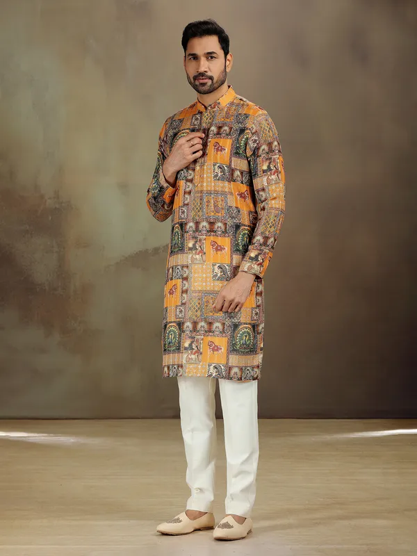 Mustard satin kurta with printed detail