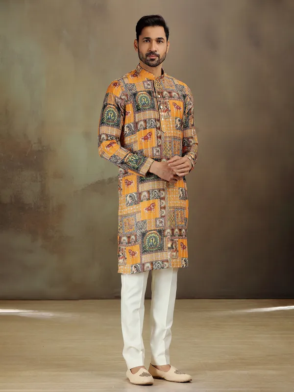 Mustard satin kurta with printed detail
