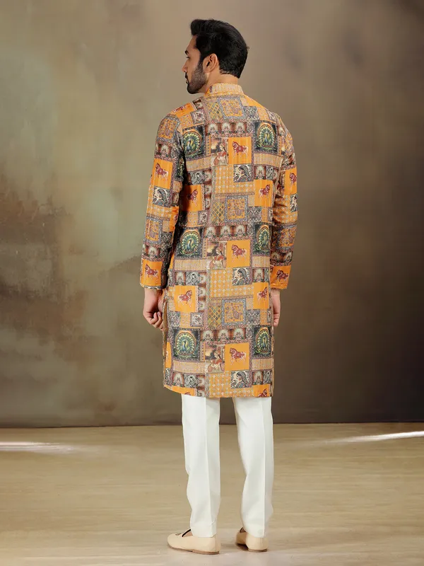 Mustard satin kurta with printed detail