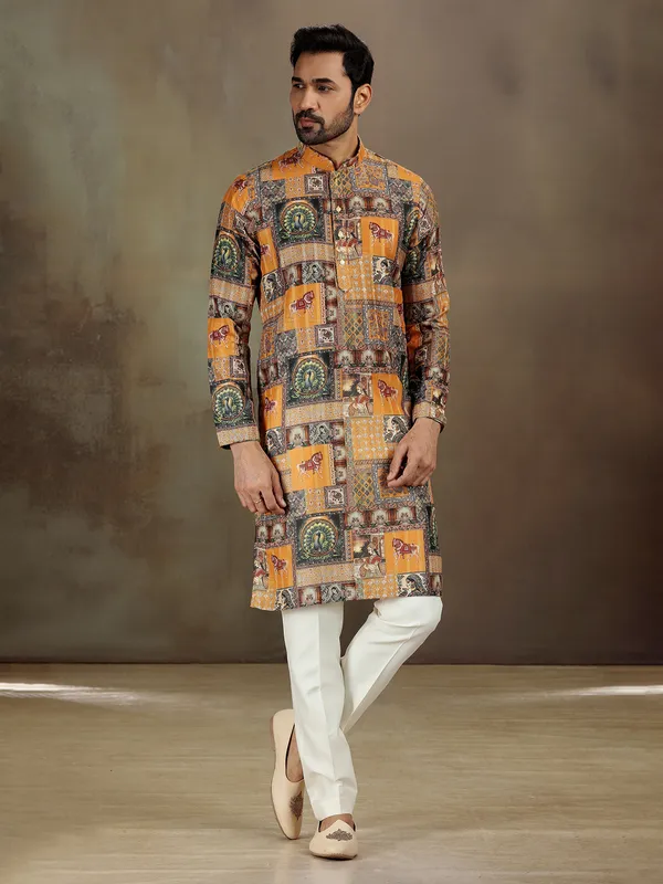 Mustard satin kurta with printed detail