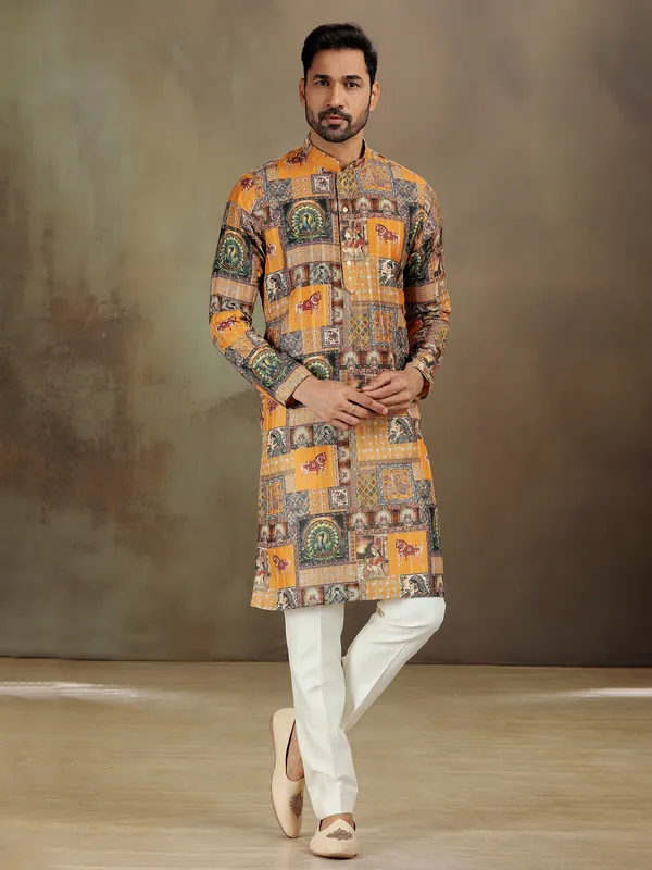 Mustard satin kurta with printed detail