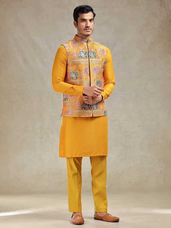 Mustard yellow printed jacquard silk waistcoat set