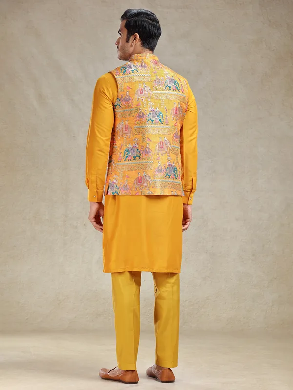 Mustard yellow printed jacquard silk waistcoat set