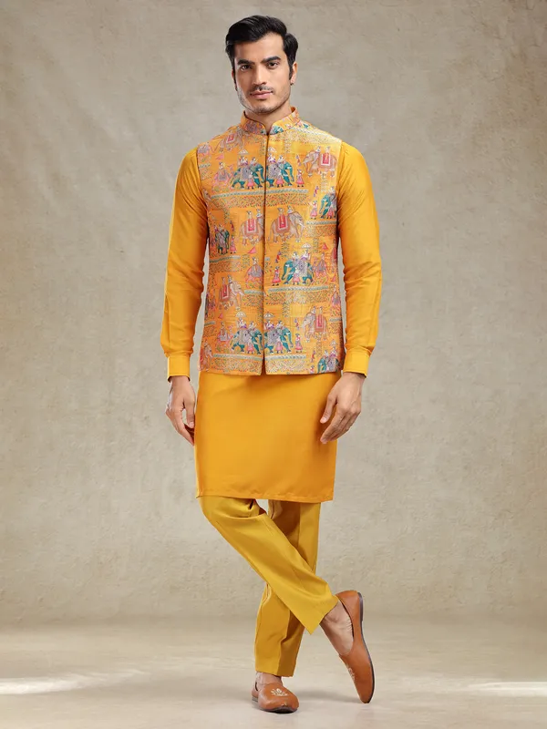 Mustard yellow printed jacquard silk waistcoat set