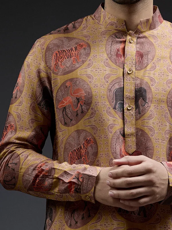 Mustard yellow and brown ajarakh printed silk kurta suit for men