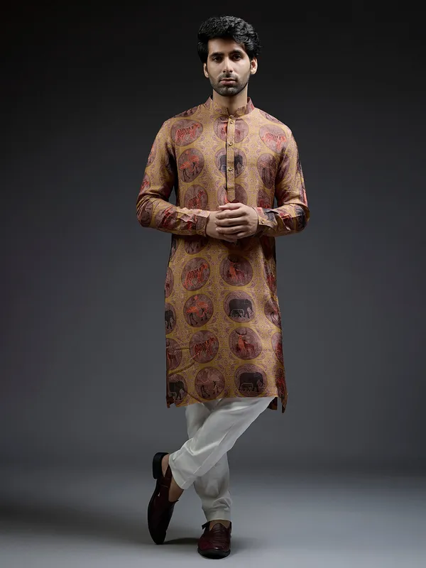 Mustard yellow and brown ajarakh printed silk kurta suit for men