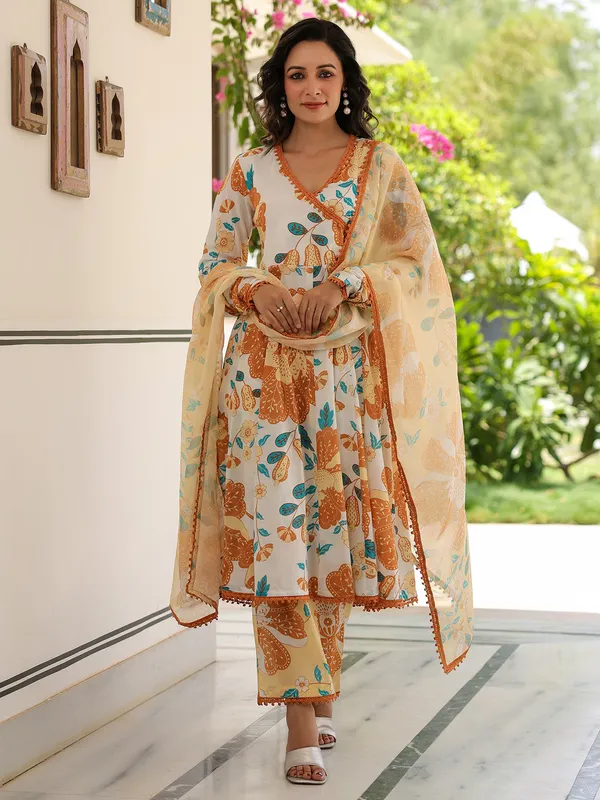 Mustard yellow and white printed kurti set