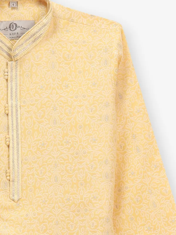Mustard yellow badhani print cotton kurta set for boys