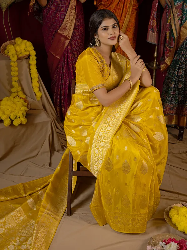 Mustard yellow banarasi silk saree for diwali