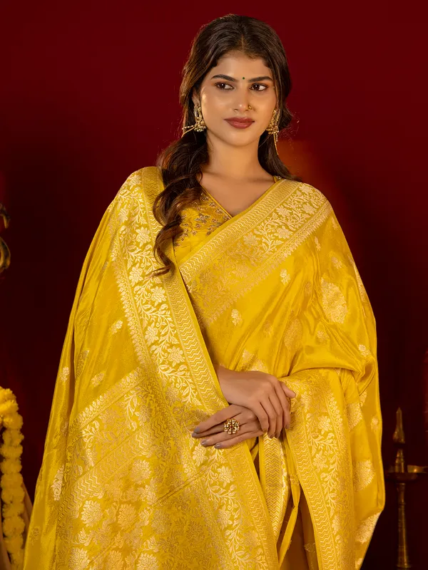 Mustard yellow banarasi silk saree for diwali
