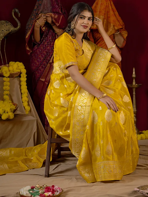 Mustard yellow banarasi silk saree for diwali