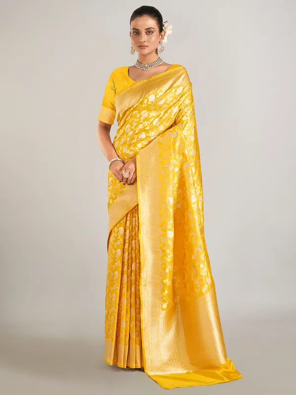 Mustard yellow banarasi silk saree for wedding wear
