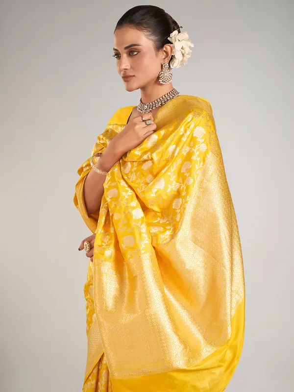 Mustard yellow banarasi silk saree for wedding wear