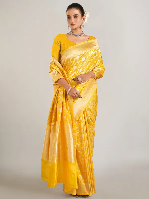 Mustard yellow banarasi silk saree for wedding wear
