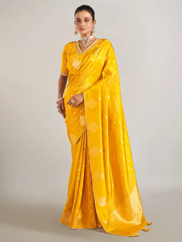 Mustard yellow banarasi silk wedding wear saree