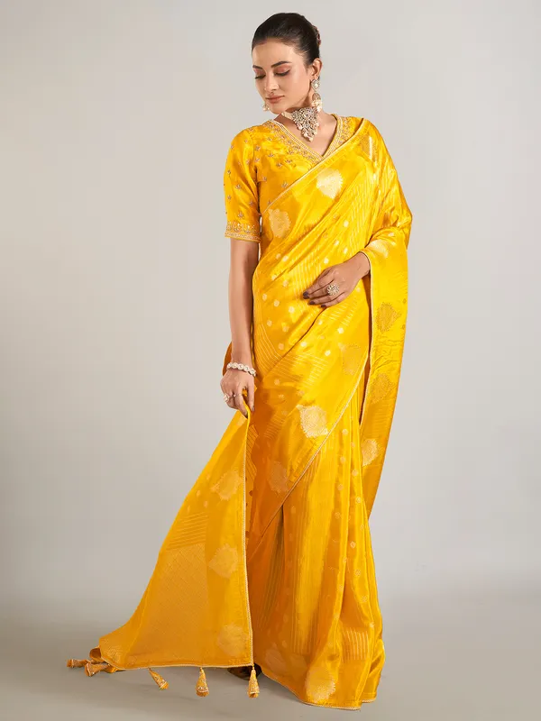 Mustard yellow banarasi silk wedding wear saree