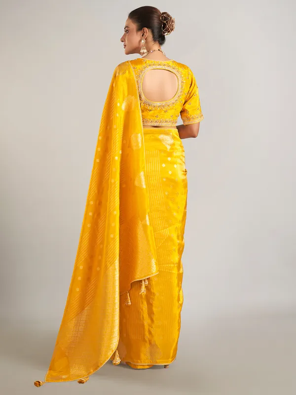 Mustard yellow banarasi silk wedding wear saree