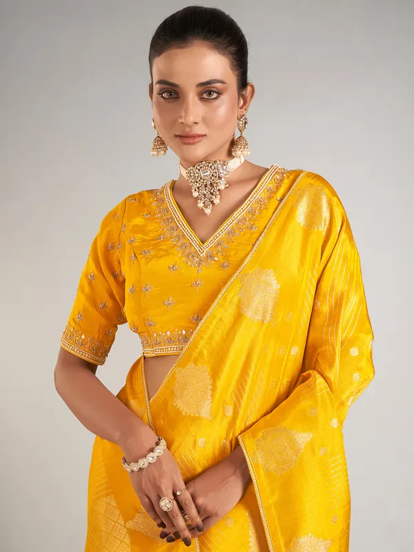 Mustard yellow banarasi silk wedding wear saree