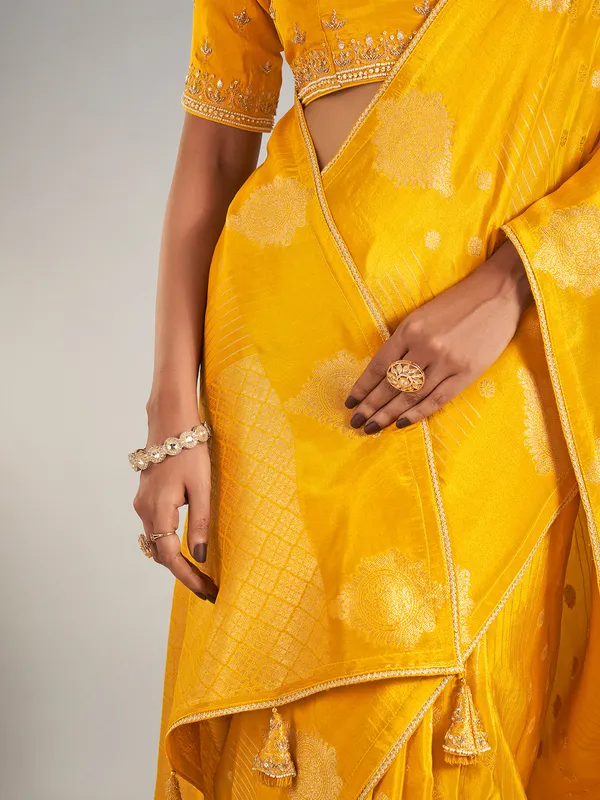 Mustard yellow banarasi silk wedding wear saree