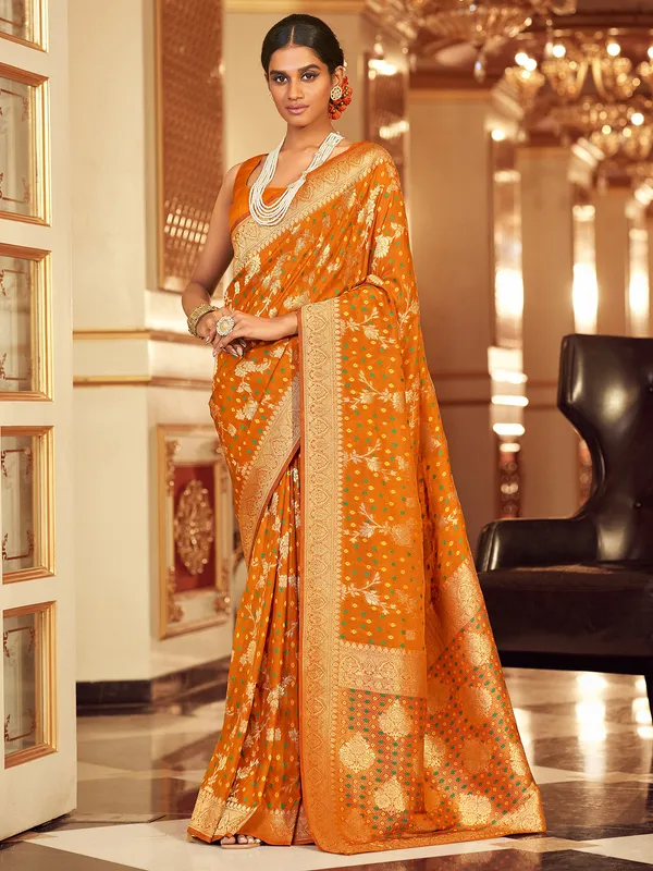 Mustard yellow bandhej print soft silk saree