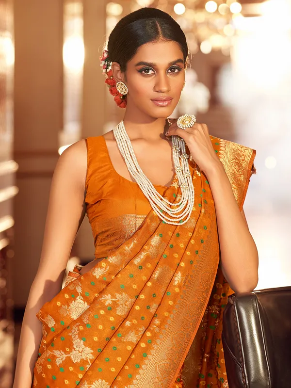 Mustard yellow bandhej print soft silk saree