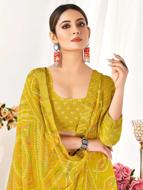 Mustard yellow bandhej printed chiffon saree for women
