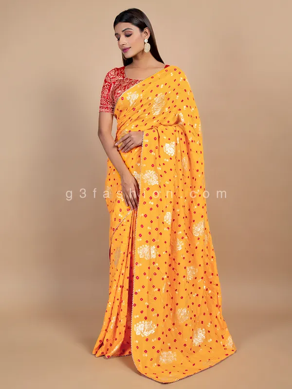 Mustard yellow bandhej wedding look saree