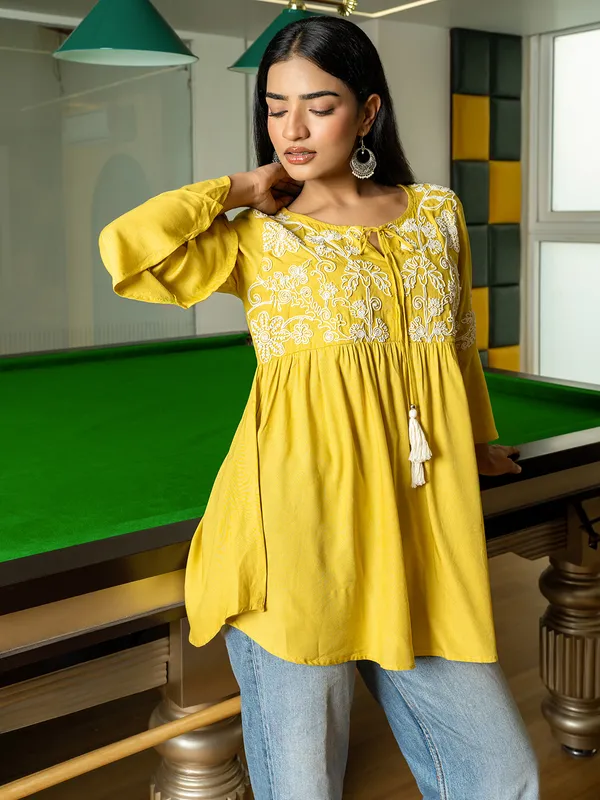 Mustard yellow casual cotton silk kurti