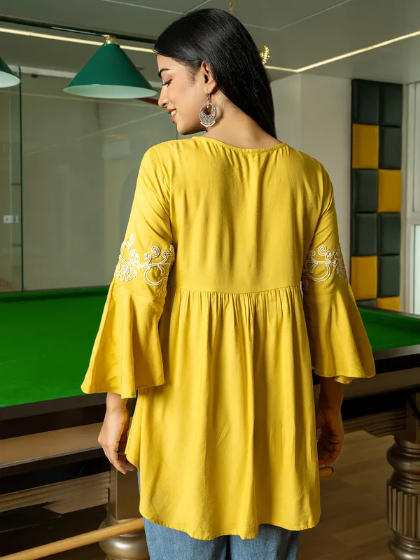 Mustard yellow casual cotton silk kurti
