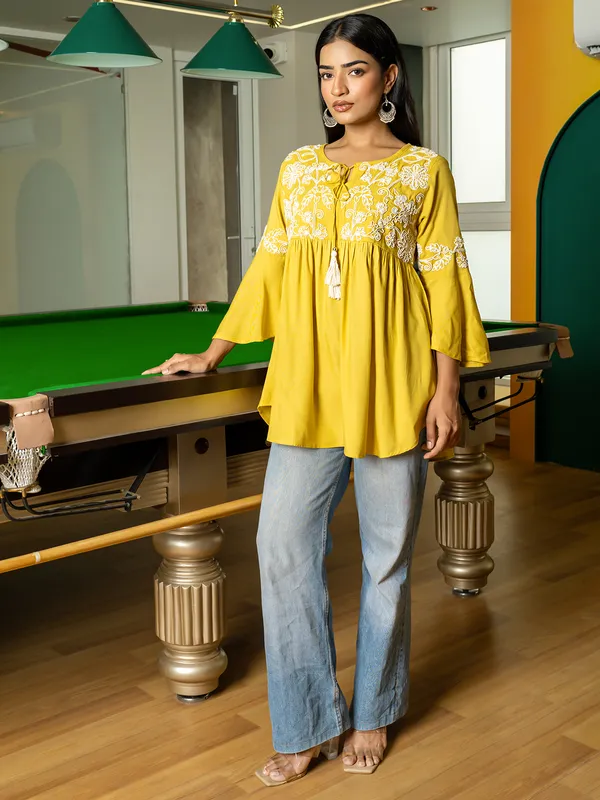Mustard yellow casual cotton silk kurti