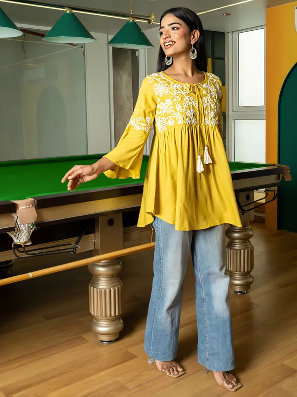 Mustard yellow casual cotton silk kurti