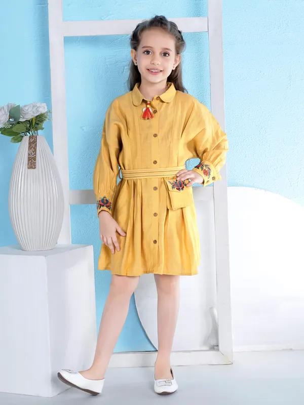 Mustard yellow casual wear frock in cotton silk