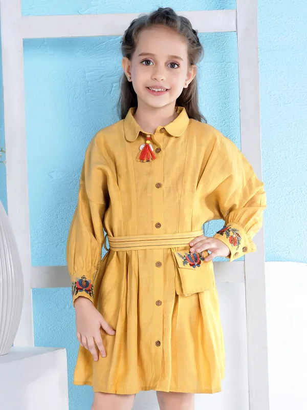 Mustard yellow casual wear frock in cotton silk