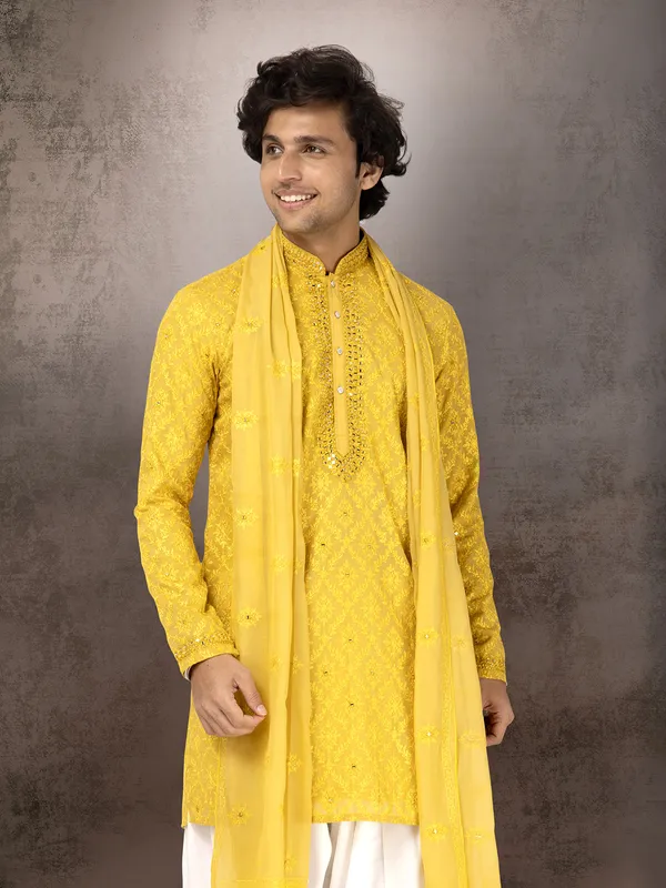 Mustard yellow chanderi silk kurta suit with dupatta