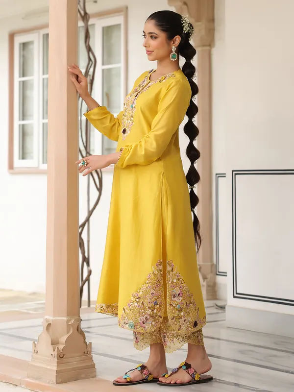 Mustard yellow chanderi silk kurti set for festival